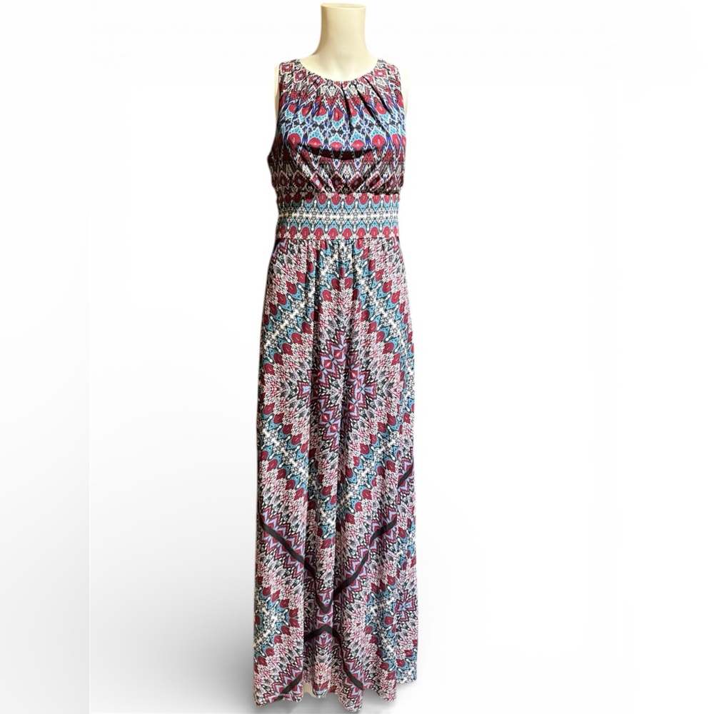 London Times Wine & Teal Patterned Maxi Dress Size 4